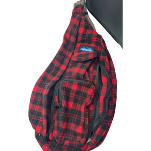 Kavu Crossbody Bag Sling Red Black Buffalo Plaid White Rope 4 Pockets Nylon